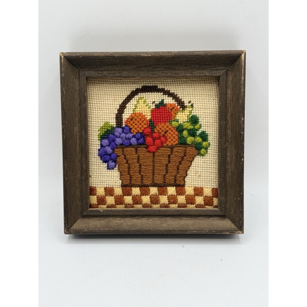 Vintage Wood Framed Crewel Embroidery Yarn Art Fruit Basket Grapes Apples +